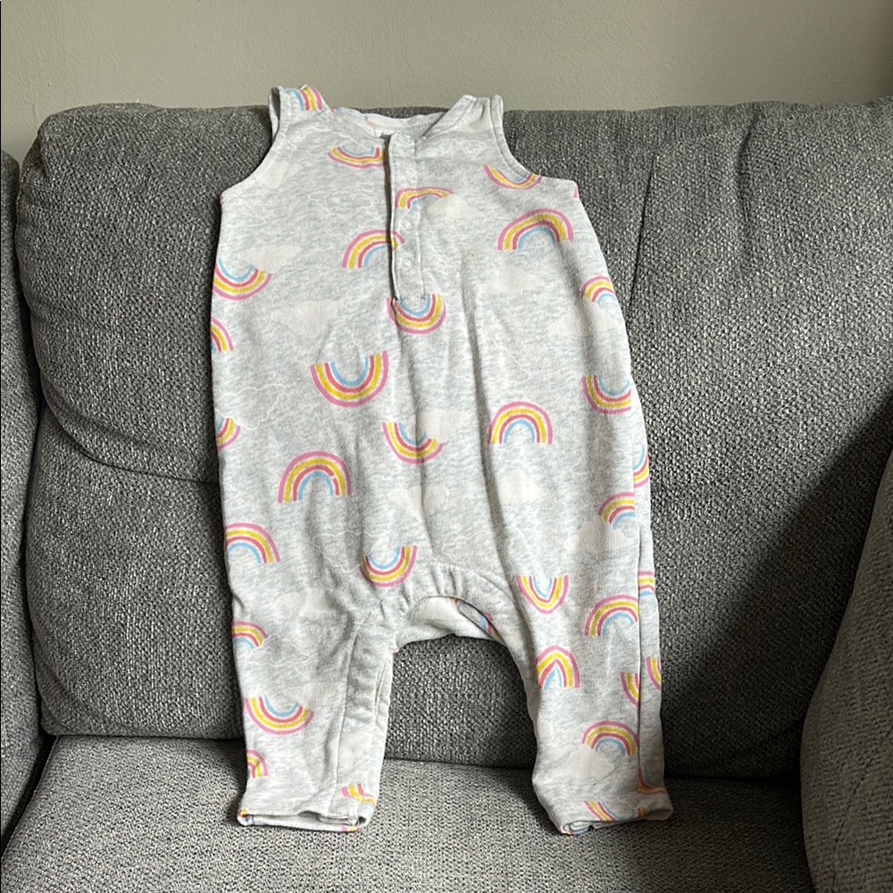 Old Navy One Piece, Light Grey Romper with Rainbow Print, 6-12 months